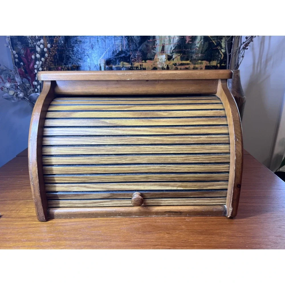 Vintage Roll Top Oak Wood Bread Box Farmhouse Cottage Kitchen Storage Grannycore